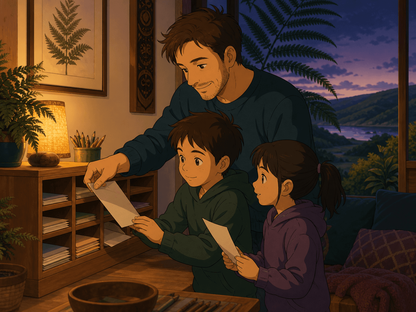 A father helping two children choose pencil worksheets