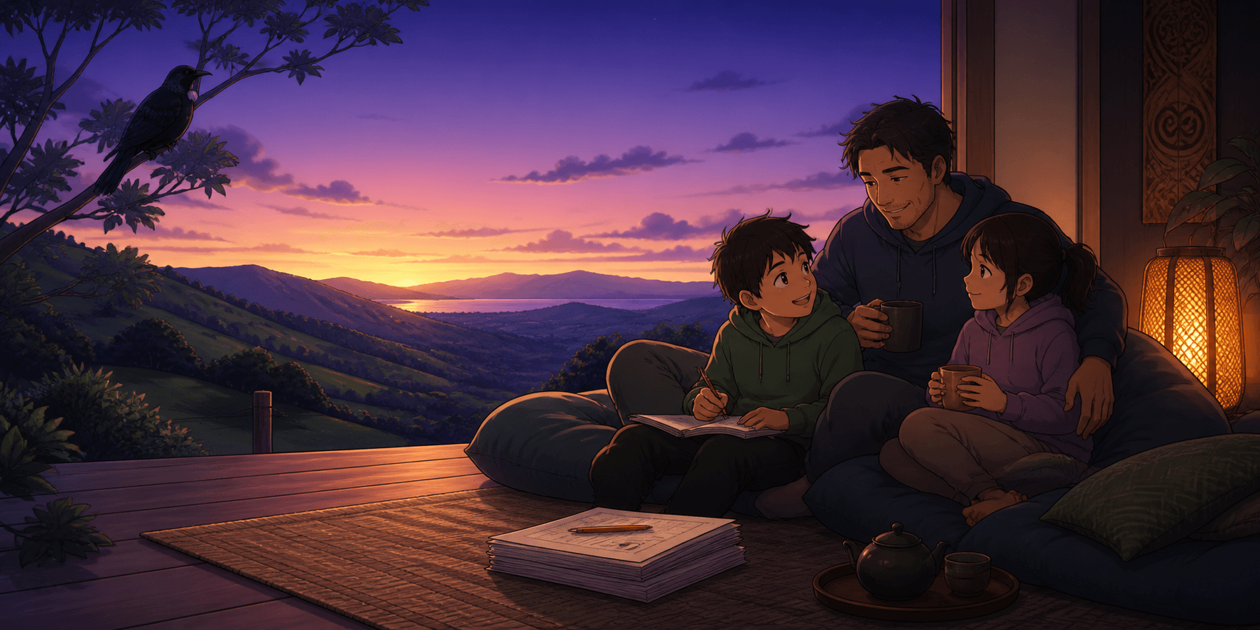 A father and two children relaxing after homework with twilight hills outside