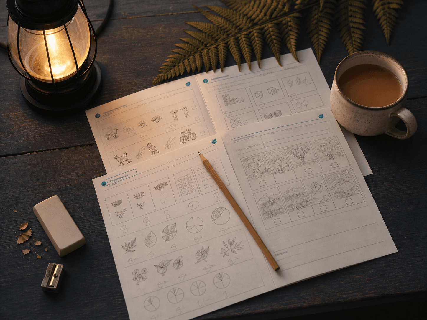Pencil-based printed worksheets, an HB pencil, eraser, fern and warm drink
