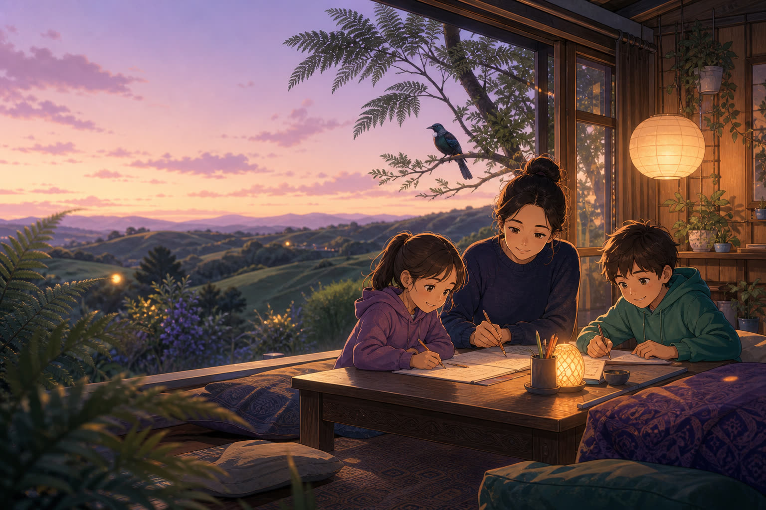Parent and two children at the kitchen table after tea, twilight hills outside the window